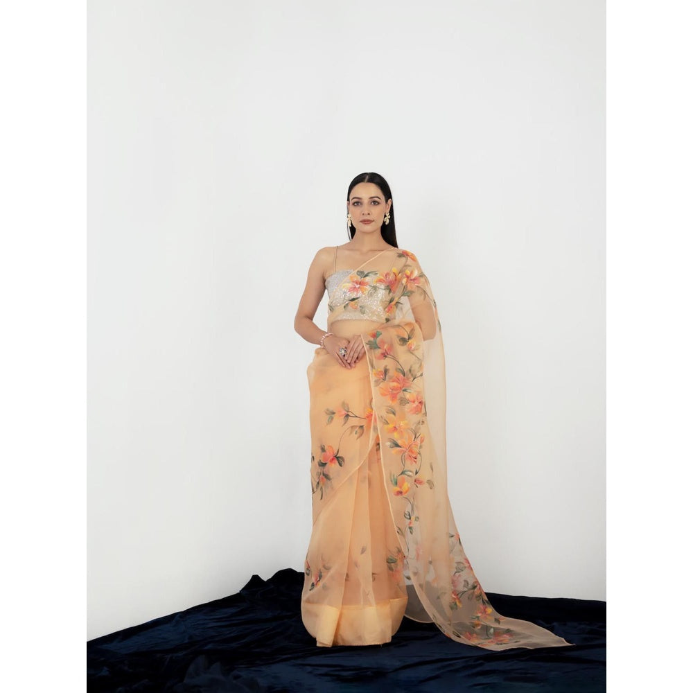 Fallon Studio by Shruti Kaushik Orange Floral Kantha Saree with Unstitched Blouse
