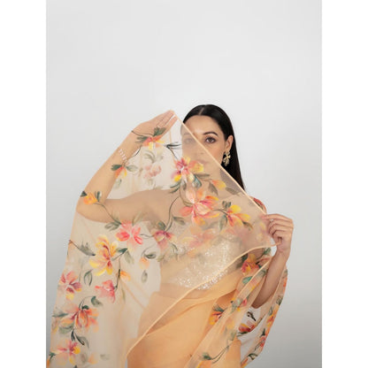 Fallon Studio by Shruti Kaushik Orange Floral Kantha Saree with Unstitched Blouse