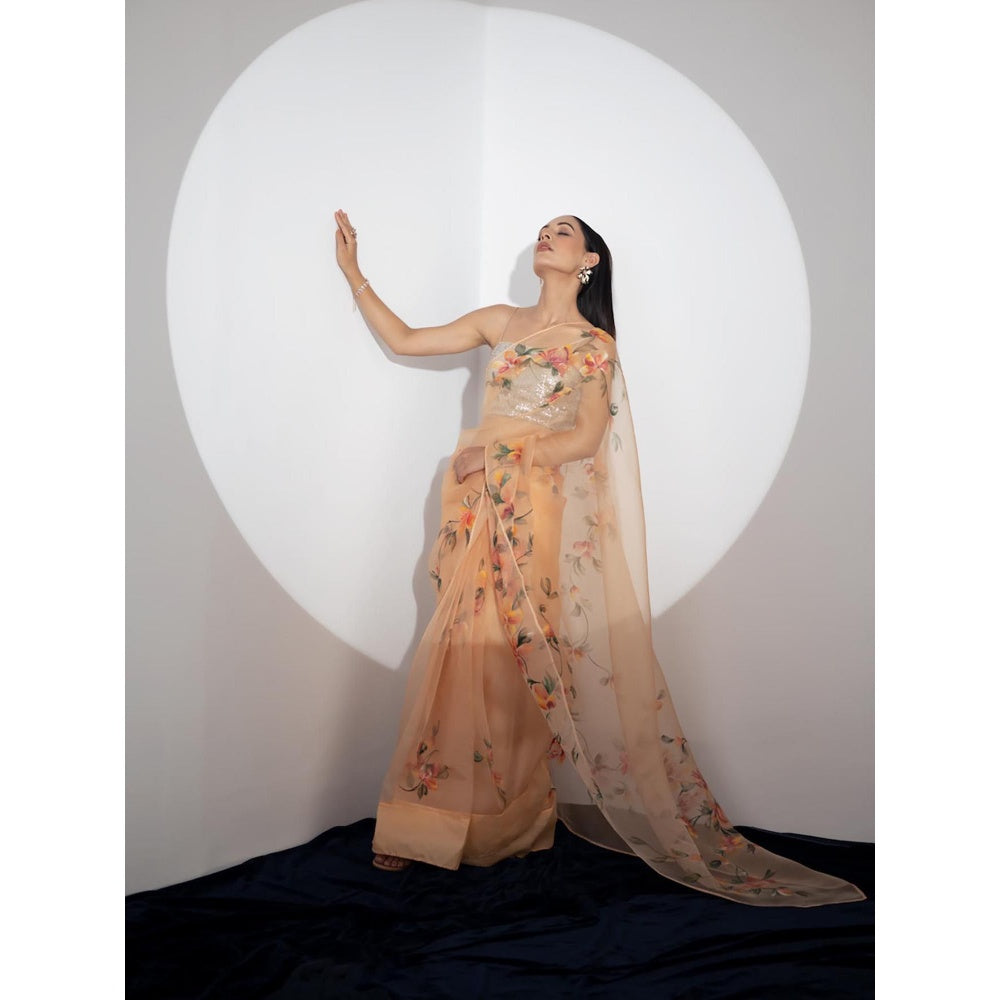 Fallon Studio by Shruti Kaushik Orange Floral Kantha Saree with Unstitched Blouse