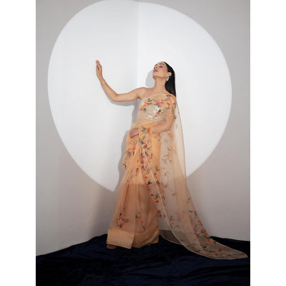 Fallon Studio by Shruti Kaushik Orange Floral Kantha Saree with Unstitched Blouse
