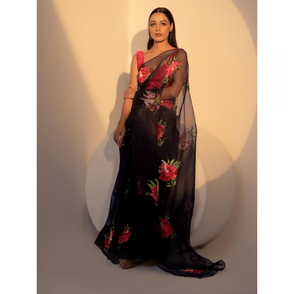 Fallon Studio by Shruti Kaushik Navy Blue Floral Dhuni Saree with Unstitched Blouse