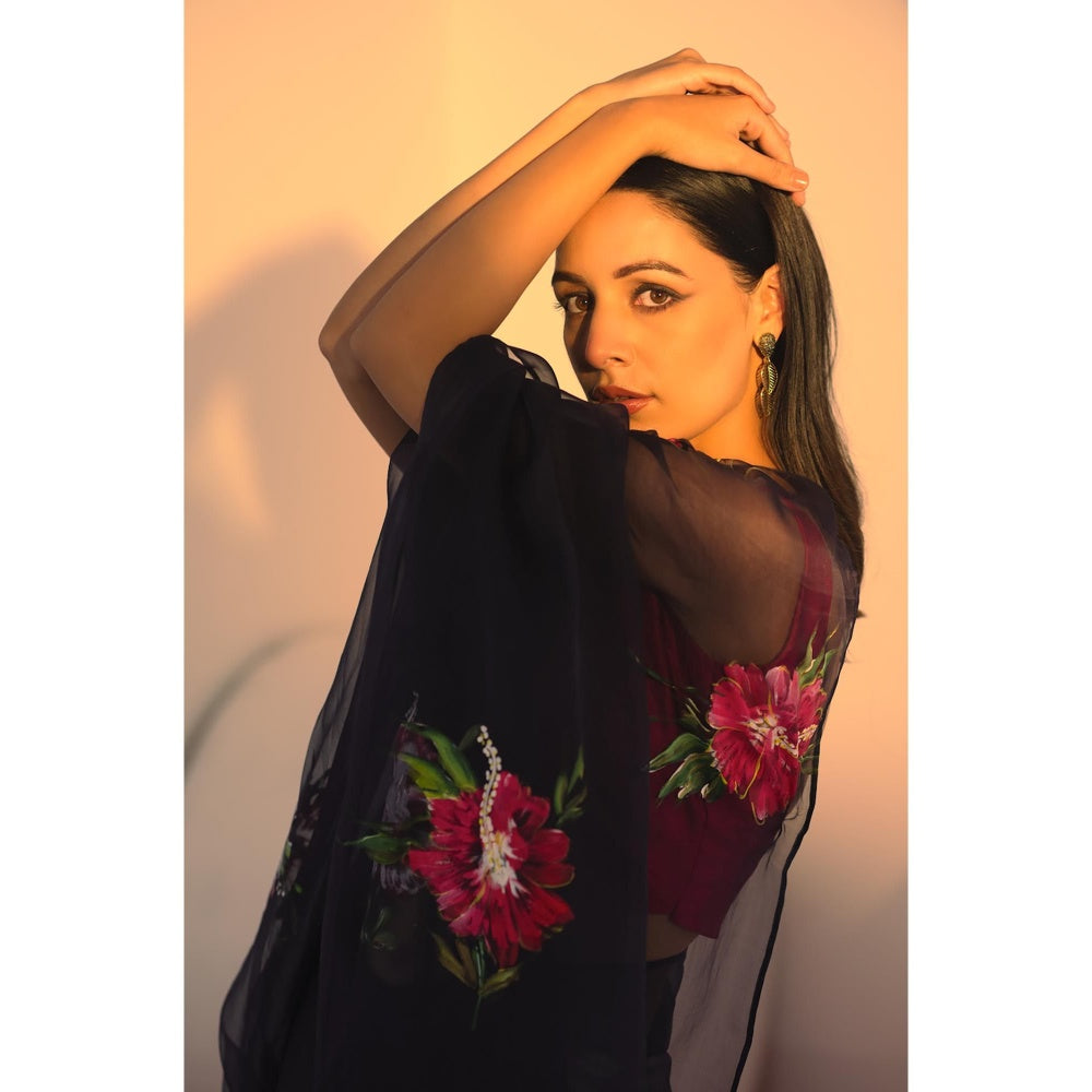 Fallon Studio by Shruti Kaushik Navy Blue Floral Dhuni Saree with Unstitched Blouse