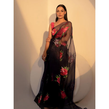 Fallon Studio by Shruti Kaushik Navy Blue Floral Dhuni Saree with Unstitched Blouse