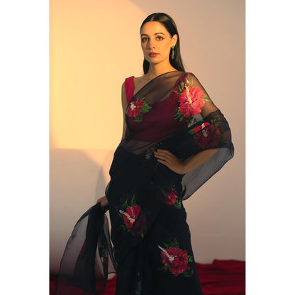Fallon Studio by Shruti Kaushik Navy Blue Floral Dhuni Saree with Unstitched Blouse