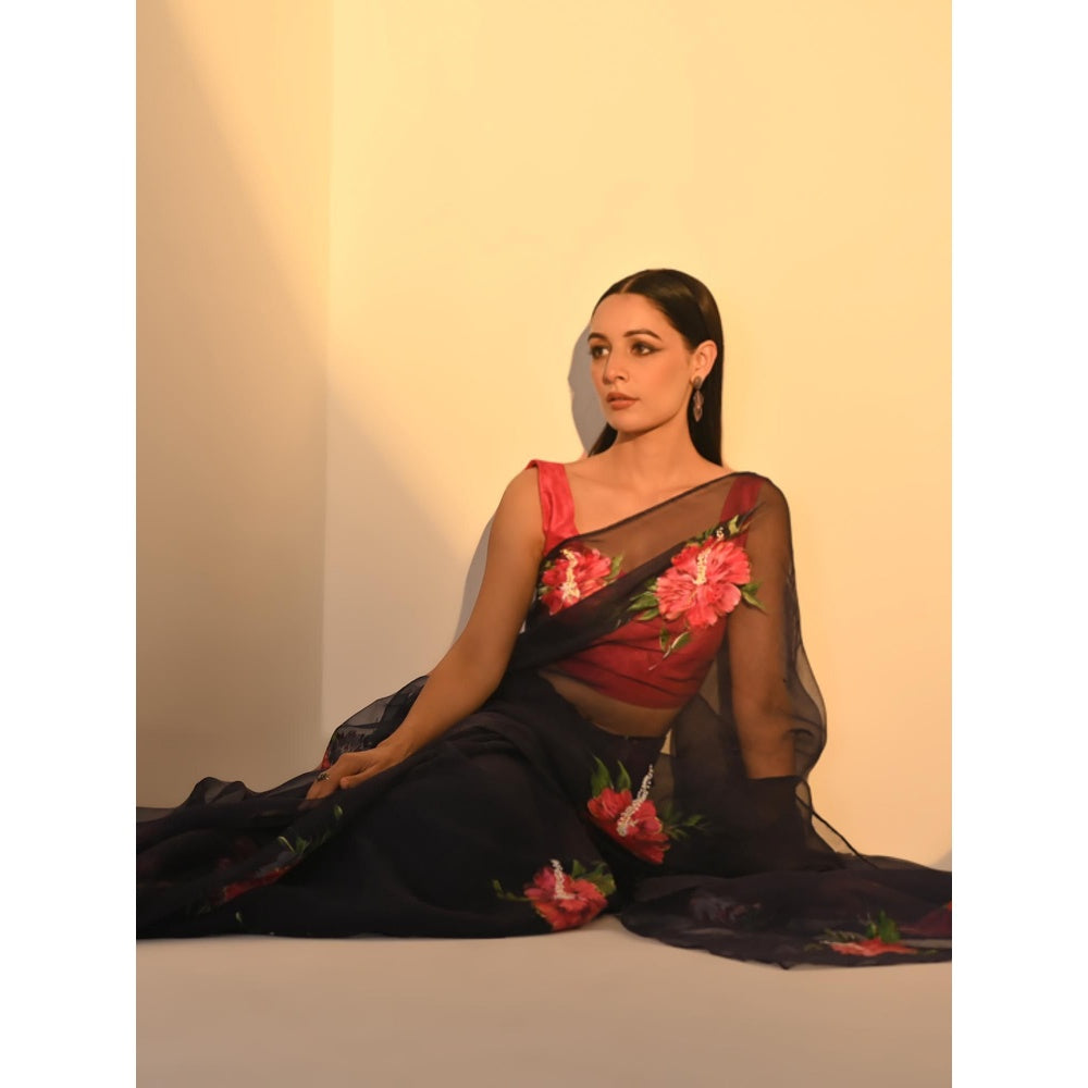 Fallon Studio by Shruti Kaushik Navy Blue Floral Dhuni Saree with Unstitched Blouse
