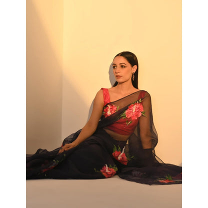 Fallon Studio by Shruti Kaushik Navy Blue Floral Dhuni Saree with Unstitched Blouse