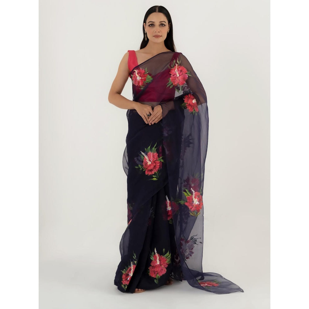 Fallon Studio by Shruti Kaushik Navy Blue Floral Dhuni Saree with Unstitched Blouse