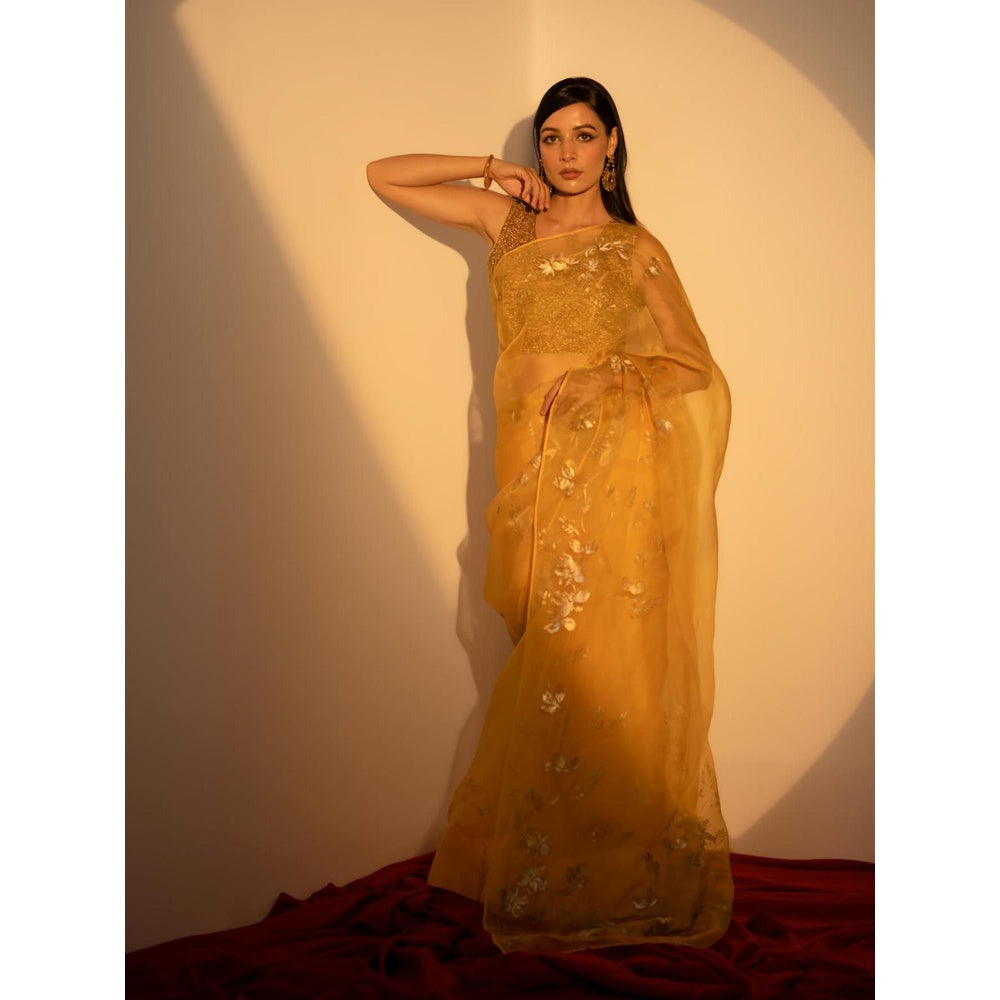 Fallon Studio by Shruti Kaushik Yellow Floral Athulaya Saree with Unstitched Blouse