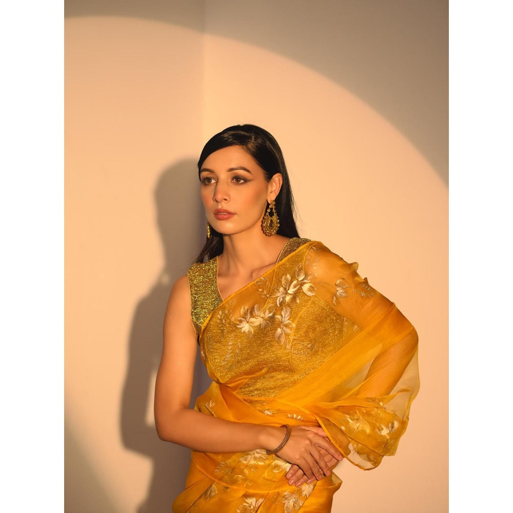 Fallon Studio by Shruti Kaushik Yellow Floral Athulaya Saree with Unstitched Blouse