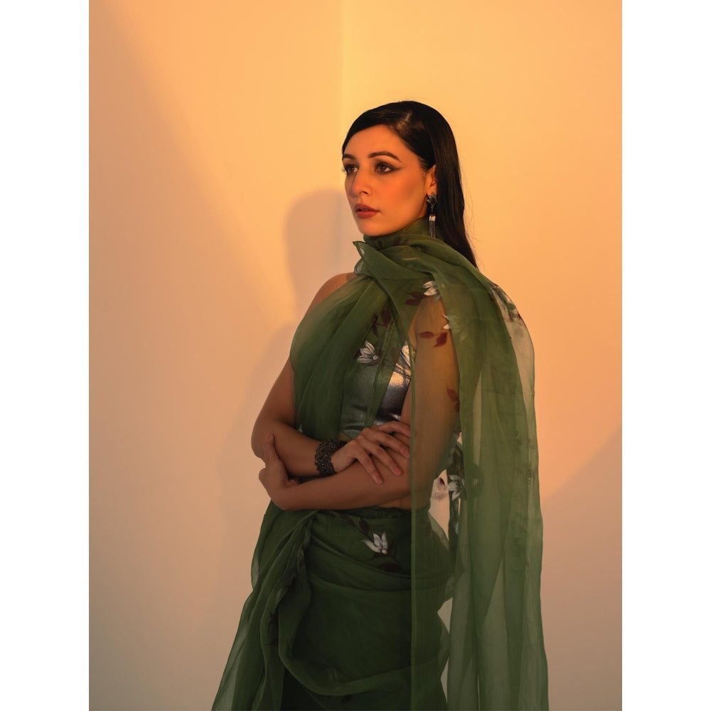 Fallon Studio by Shruti Kaushik Olive Floral Madhuri Saree with Unstitched Blouse