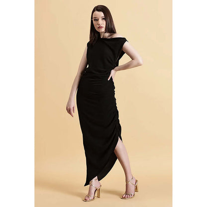Fawn 24 Black Crepe Asymmetrical Solid/Plain Sleeveless Midi Dress