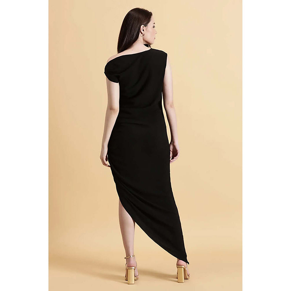 Fawn 24 Black Crepe Asymmetrical Solid/Plain Sleeveless Midi Dress