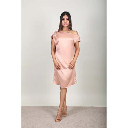 Fawn 24 Pink Aluminium Off Shoulder Solid/Plain Half Sleeves Midi Dress