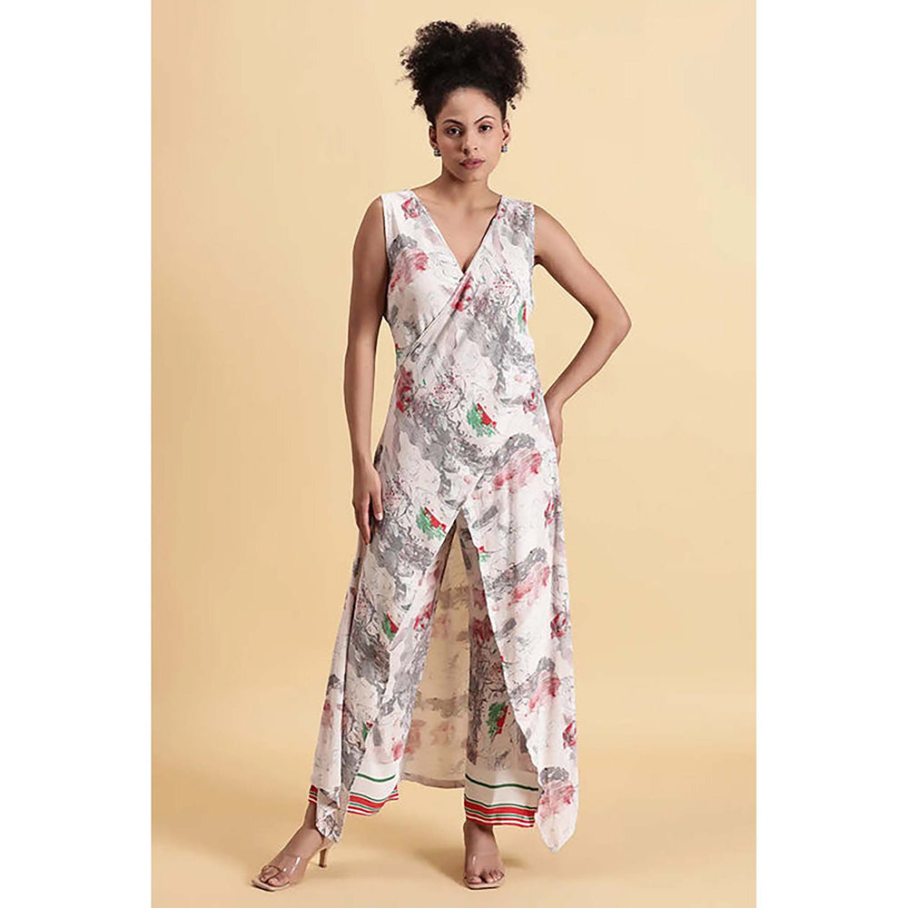 Fawn 24 Off White Georgette V-Neck Abstract Sleeveless Maxi Dress