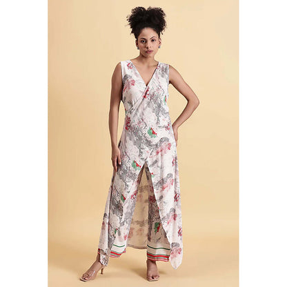 Fawn 24 Off White Georgette V-Neck Abstract Sleeveless Maxi Dress