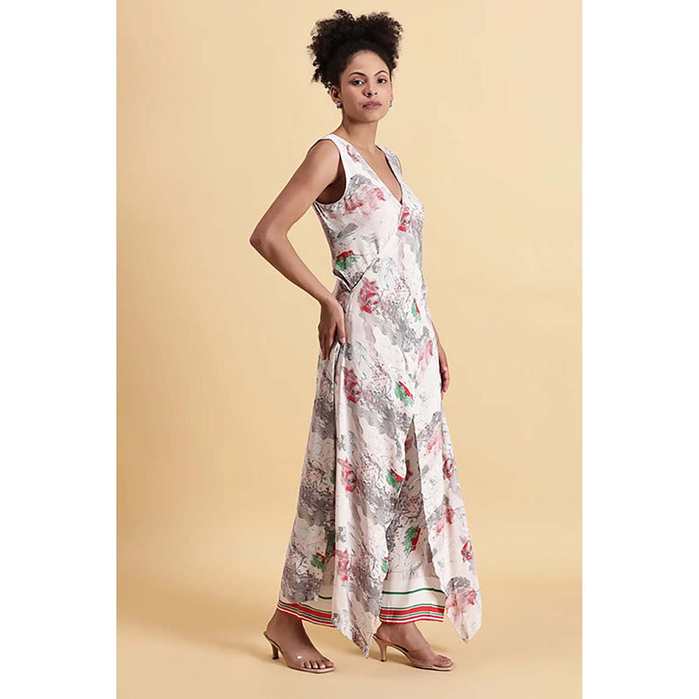 Fawn 24 Off White Georgette V-Neck Abstract Sleeveless Maxi Dress