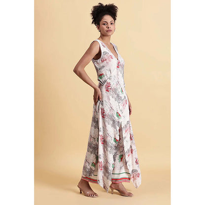 Fawn 24 Off White Georgette V-Neck Abstract Sleeveless Maxi Dress