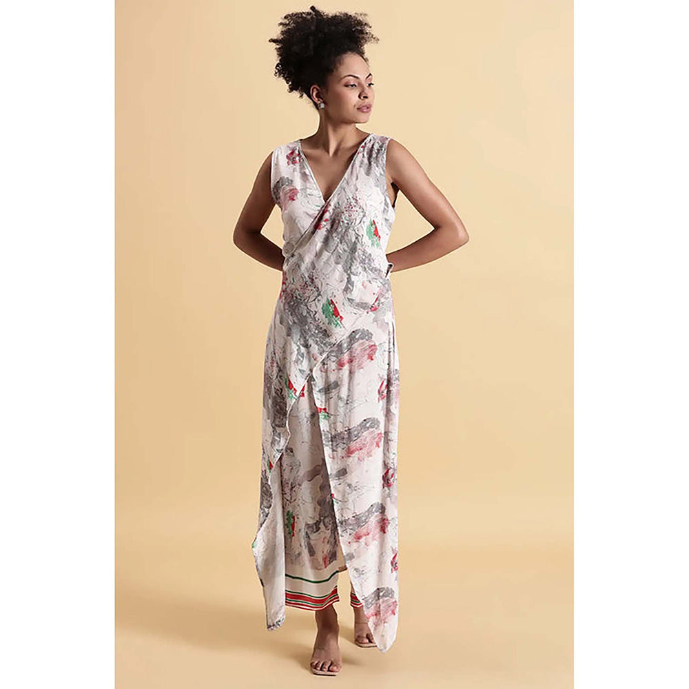 Fawn 24 Off White Georgette V-Neck Abstract Sleeveless Maxi Dress