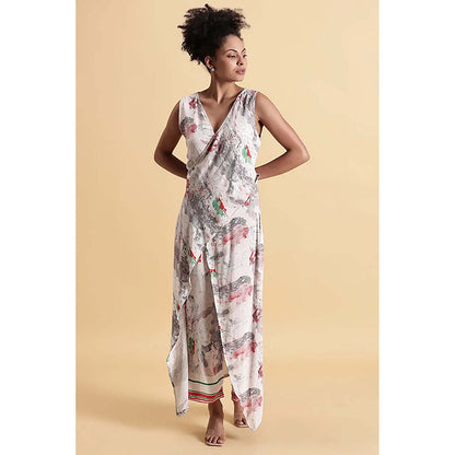Fawn 24 Off White Georgette V-Neck Abstract Sleeveless Maxi Dress