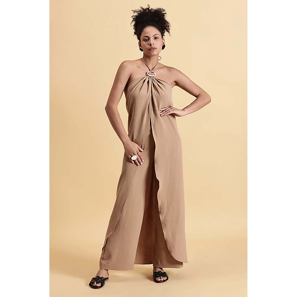 Fawn 24 Beige Crepe Halter Neck Solid/Plain Sleeveless Maxi Dress