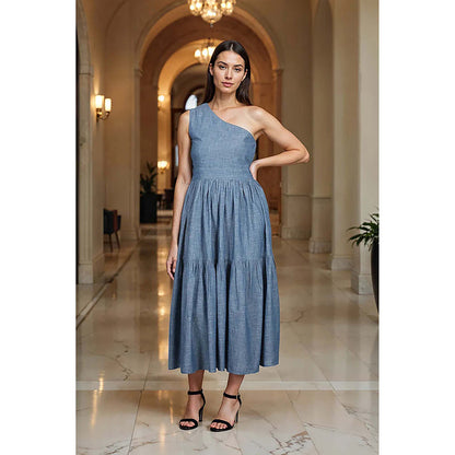 Fawn 24 Blue Denim Asymmetrical Solid/Plain Sleeveless Midi Dress