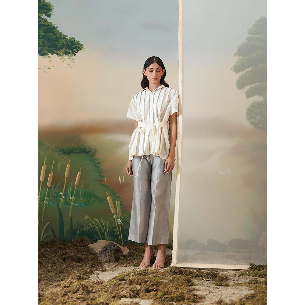 FEBo6 Ivory Pleated Shirt with Pant & Belt (Set of 3)
