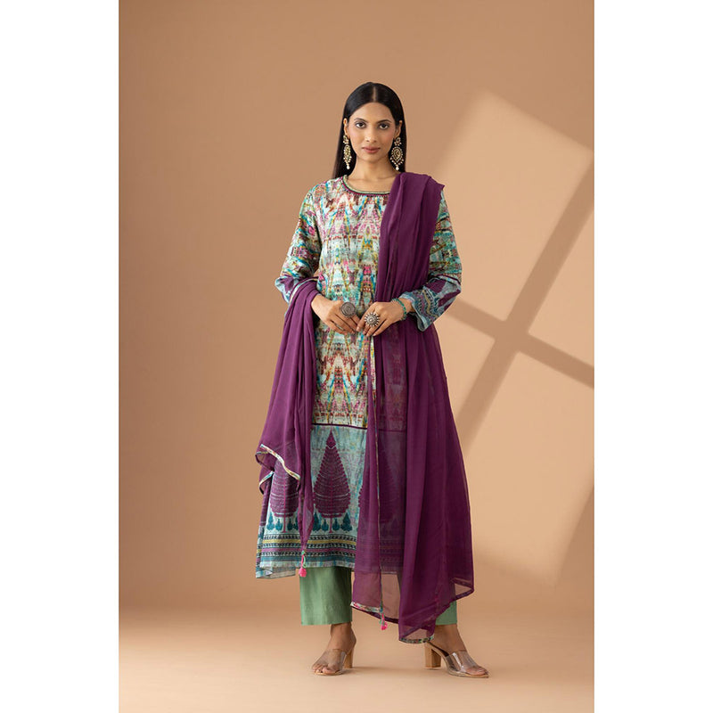 Finethreads by Hina & Nikhat Sea Green Serenity Hand-Embroidered Kurta with Dupatta (Set of 3)