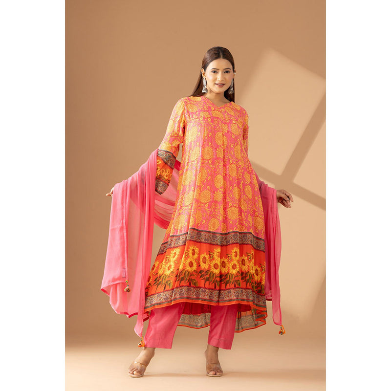 Finethreads by Hina & Nikhat Festive Bloom Floral Anarkali and Pant with Dupatta (Set of 3)