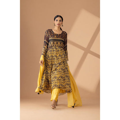 Finethreads by Hina & Nikhat Golden Hour Mustard Anarkali and Pant with Dupatta (Set of 3)