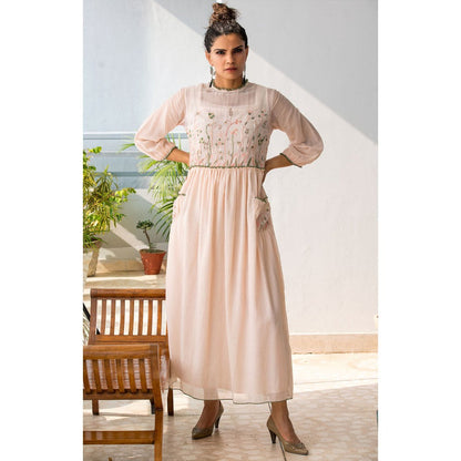 Finethreads by Hina & Nikhat Nude Witch Hazel Dress with Slip (Set of 2)
