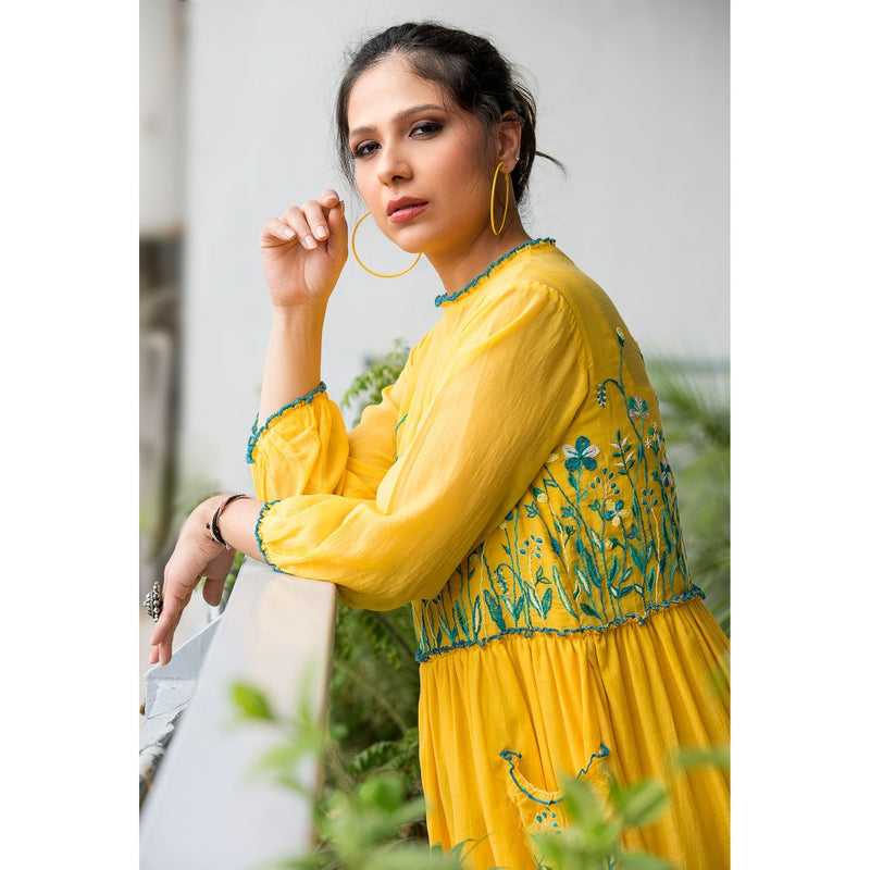 Finethreads by Hina & Nikhat Yellow Witch Hazel Dress with Slip (Set of 2)