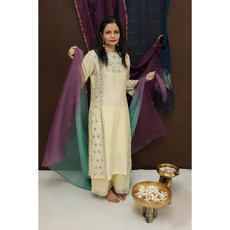 Finethreads by Hina & Nikhat Yellow Moghul Kurta with Slip, Palazzo and Dupatta