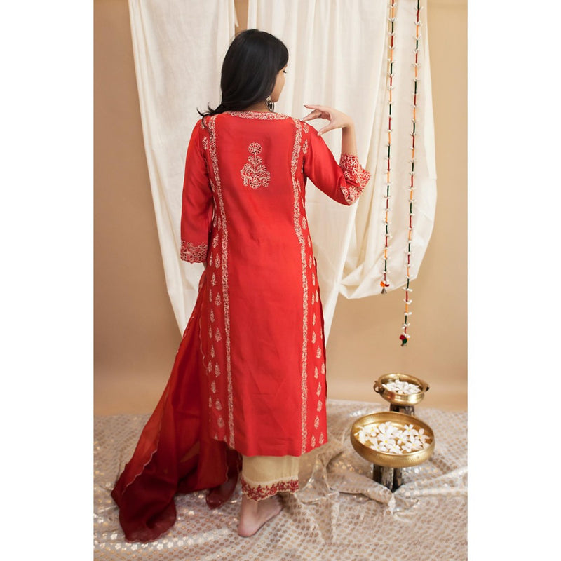 Finethreads by Hina & Nikhat Red Moghul Kurta with Slip, Palazzo and Dupatta