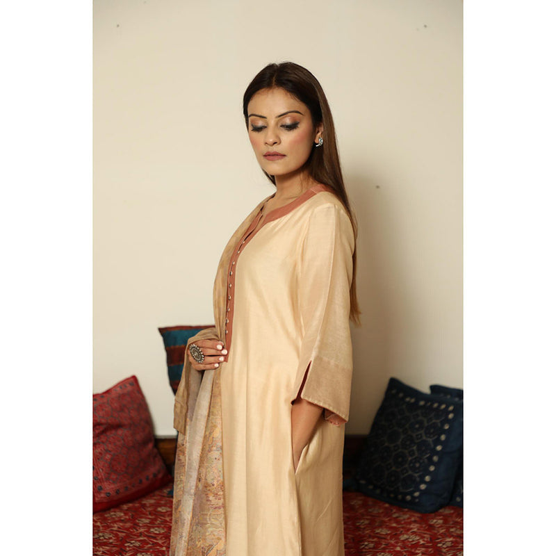 Finethreads by Hina & Nikhat Beige A-Line Chanderi Silk Kurta with Pant and Dupatta