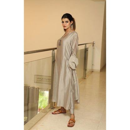 Finethreads by Hina & Nikhat A-Line Steel Grey Anarkali with Pant and Dupatta