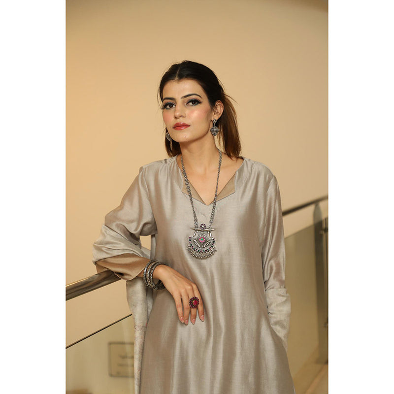 Finethreads by Hina & Nikhat A-Line Steel Grey Anarkali with Pant and Dupatta