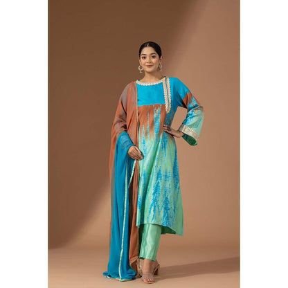 Finethreads by Hina & Nikhat Womens Tie & Dye Blue Kurta with Pant and Dupatta
