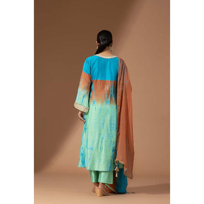 Finethreads by Hina & Nikhat Womens Tie & Dye Blue Kurta with Pant and Dupatta