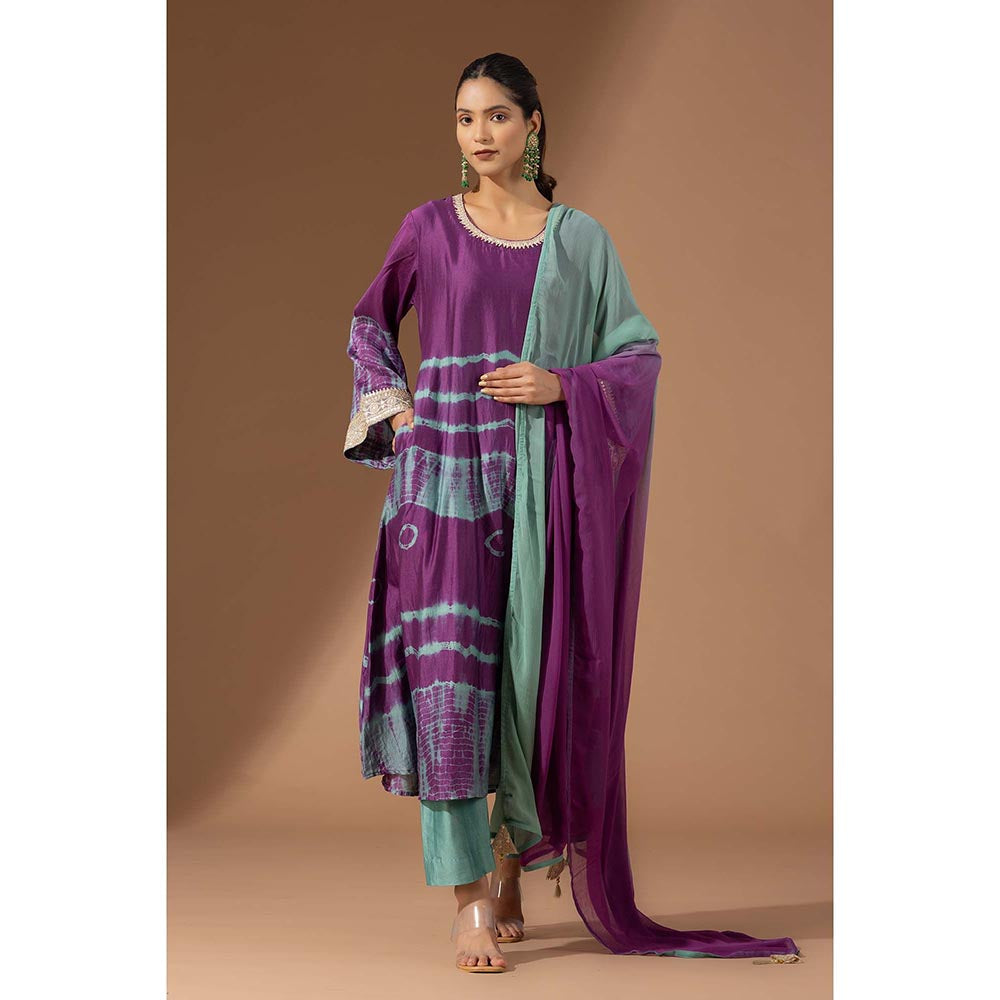 Finethreads by Hina & Nikhat Womens Tie & Dye Purple Kurta with Pant and Dupatta