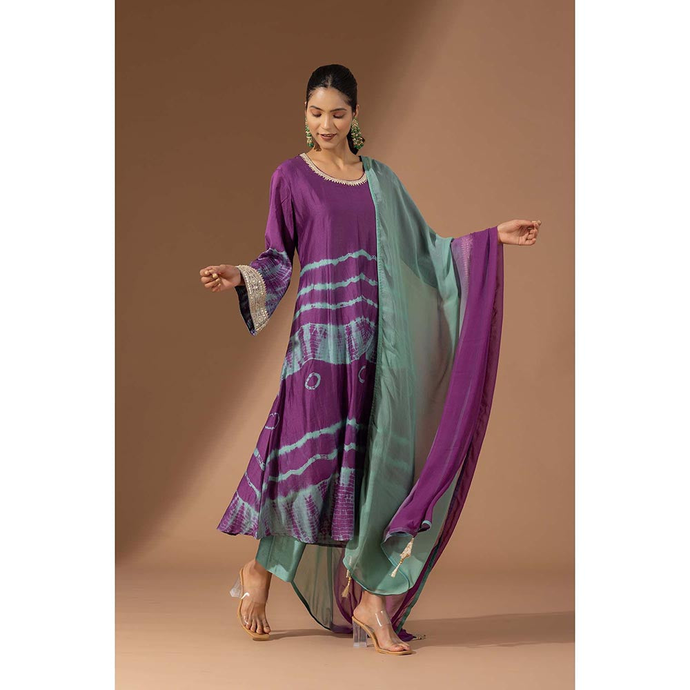 Finethreads by Hina & Nikhat Womens Tie & Dye Purple Kurta with Pant and Dupatta