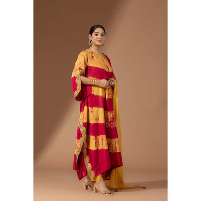 Finethreads by Hina & Nikhat Womens Tie & Dye Yellow Kurta with Pant and Dupatta