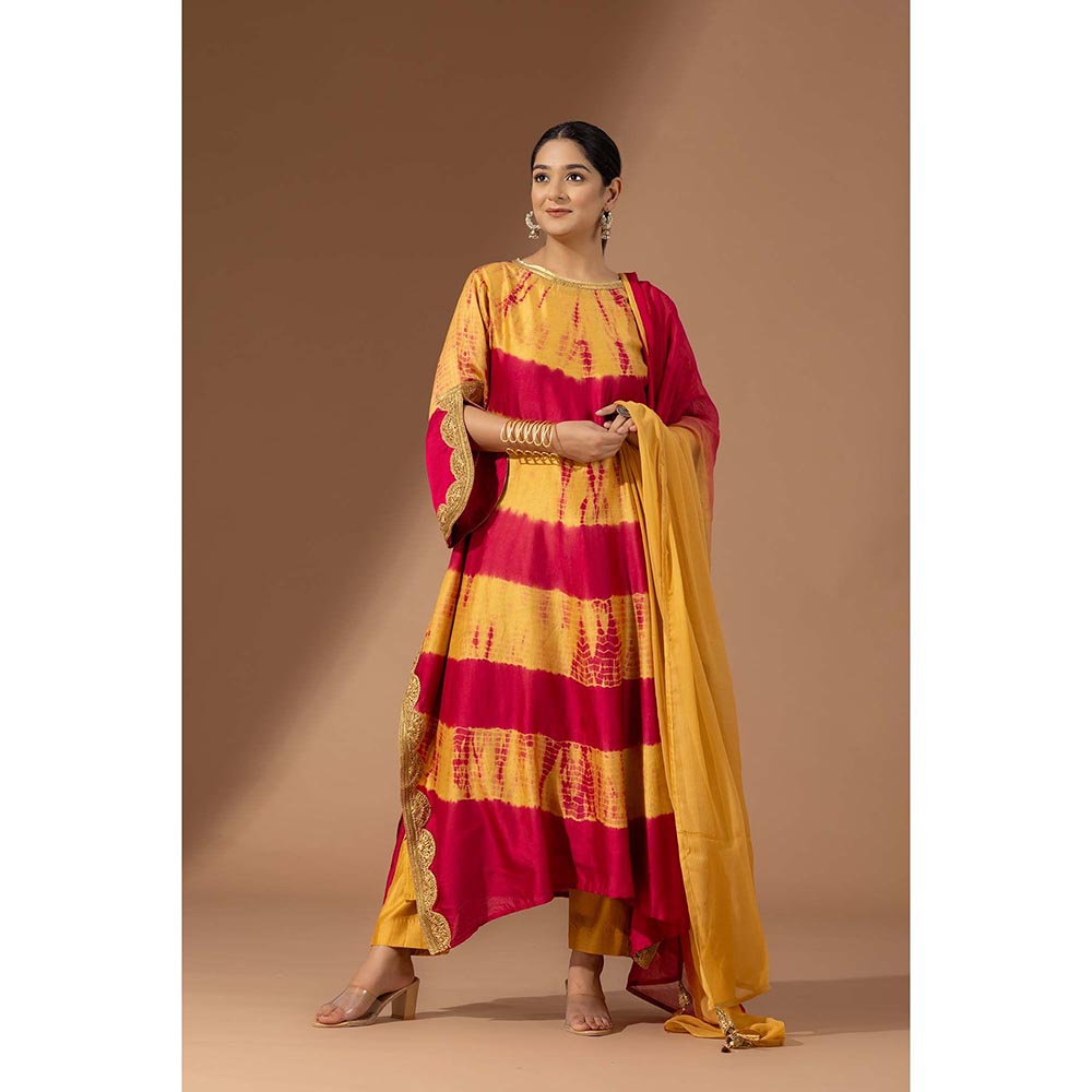 Finethreads by Hina & Nikhat Womens Tie & Dye Yellow Kurta with Pant and Dupatta