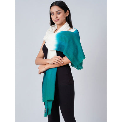 First Resort by Ramola Bachchan White And Teal Green Colour Block Scarf