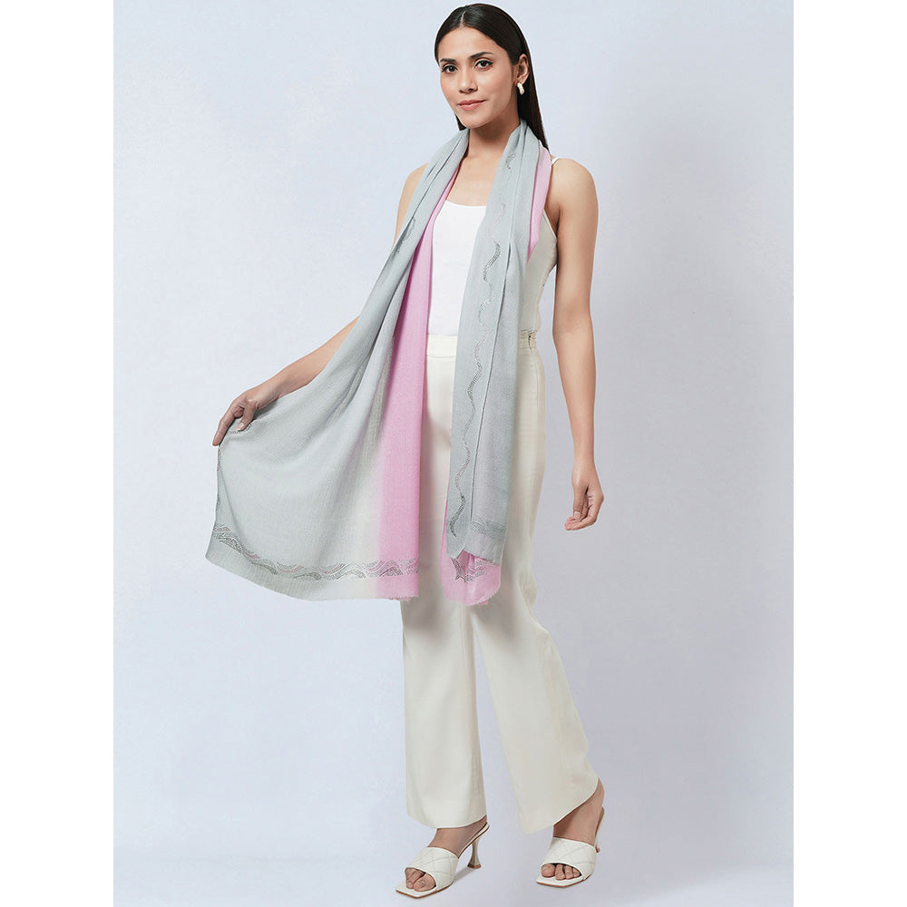 First Resort by Ramola Bachchan Pink and Grey Ombre Embellished Cashmere Stole