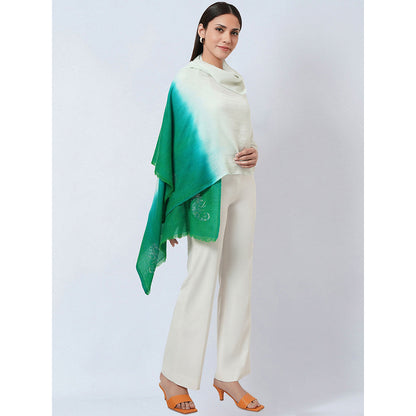 First Resort by Ramola Bachchan Cream and Sea Green Ombre Embellished Cashmere Stole