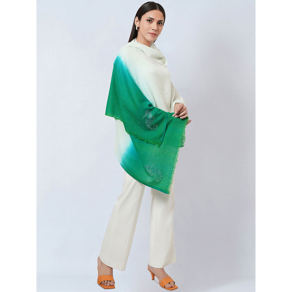 First Resort by Ramola Bachchan Cream and Sea Green Ombre Embellished Cashmere Stole