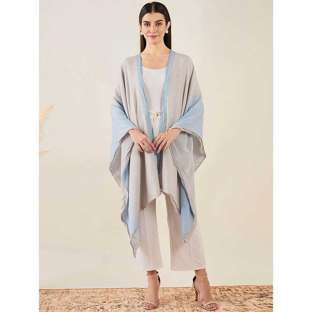 First Resort by Ramola Bachchan Grey and Sky Blue Cashmere Cape