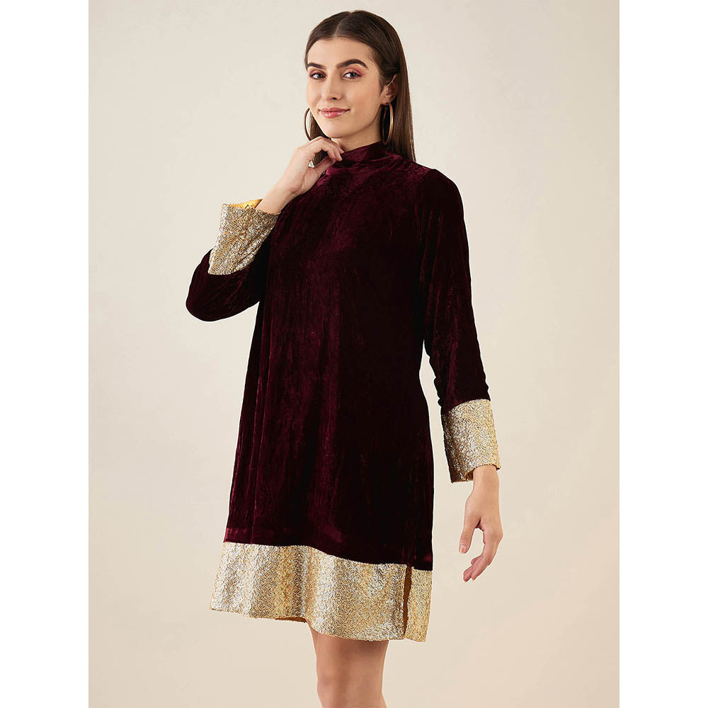 First Resort by Ramola Bachchan Maroon Silk Velvet Dress with Gold Sequin Border