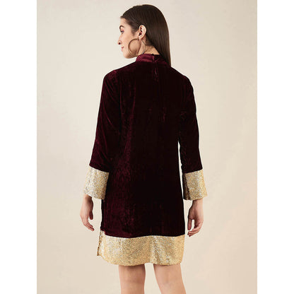 First Resort by Ramola Bachchan Maroon Silk Velvet Dress with Gold Sequin Border