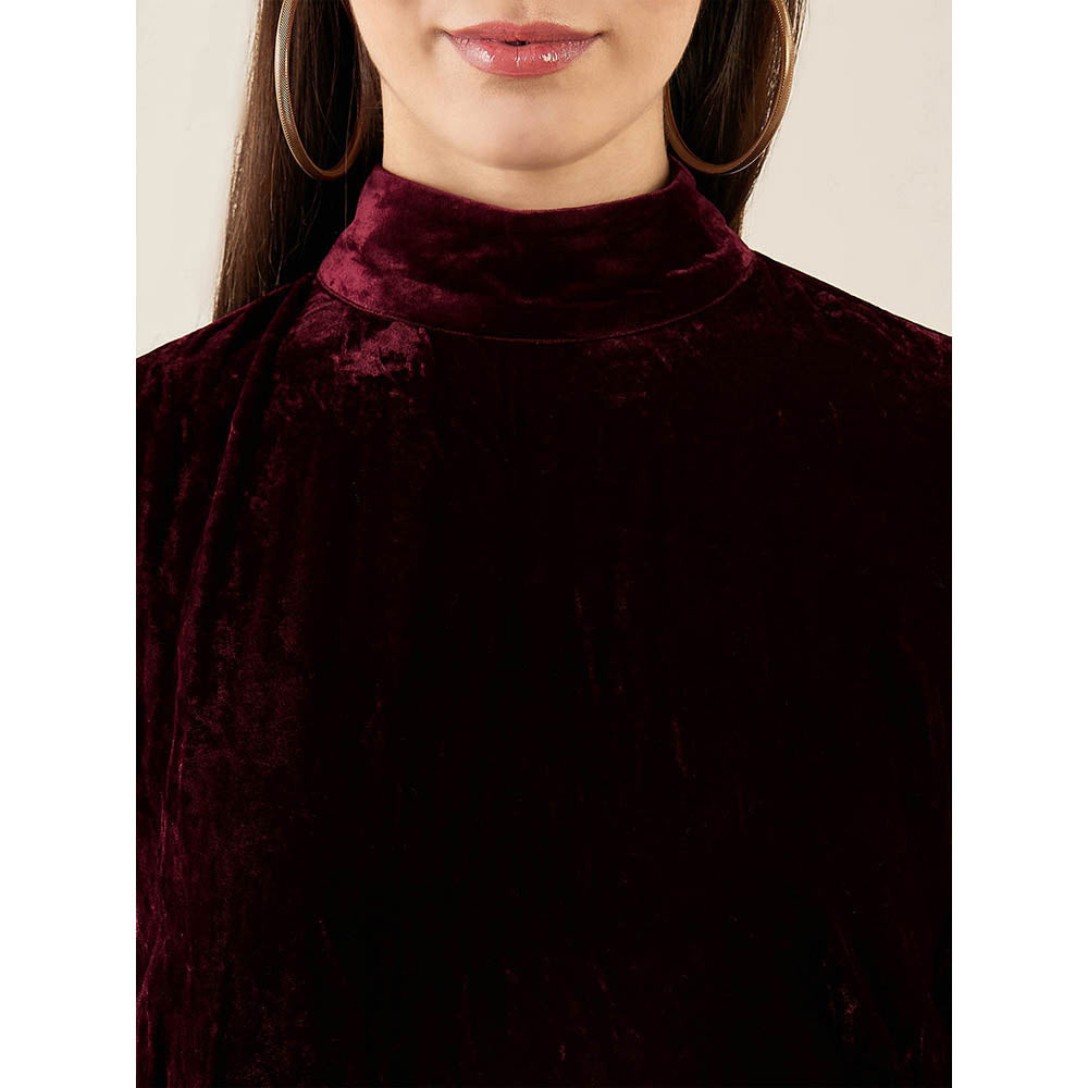First Resort by Ramola Bachchan Maroon Silk Velvet Dress with Gold Sequin Border